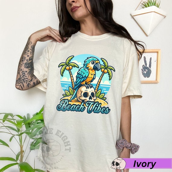 Beach Vibes Tshirt, Parot Skull and Ocean Tshirt, Trendy Skull Tshirt, Witchy Skeleton Tshirt, Summer Vacation Vibest Tshirt, Comfort Colors
