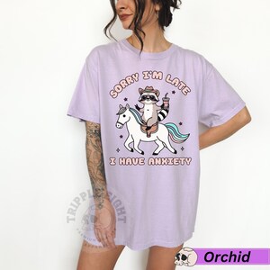 May include: A lavender t-shirt with a graphic of a raccoon riding a unicorn. The text on the shirt reads "Sorry I'm Late I Have Anxiety".