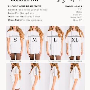 May include: Size guide graphic for Comfort Colors 1717 t-shirts. The guide shows four models wearing different sizes: S, M, L, and XL. Measurements are provided in inches for bust, waist, and hips. The guide also details fit options: relaxed, loose, oversized, and dress shirt.