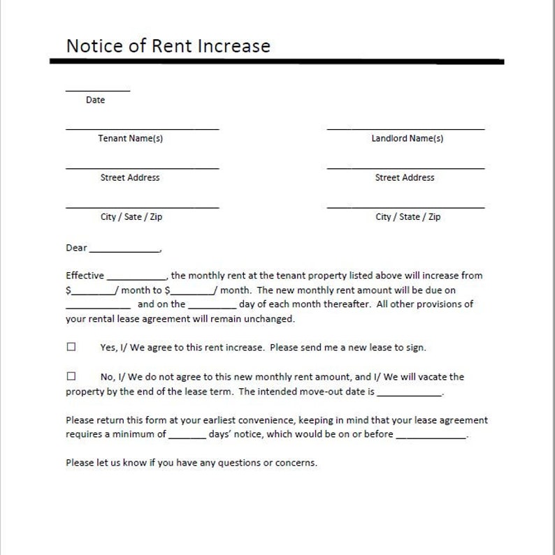 Notice of Rent Increase Template Etsy