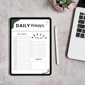 May include: A digital daily planner on a tablet screen. The planner has sections for an ideal schedule, an action plan, and postponed tasks. The screen is white with black text and green accents.