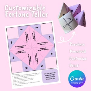 May include: A customizable fortune teller template in pink and purple, with instructions and space for customization. The design includes numbers, text, and a finished fortune teller with baseball bat graphics. The Canva template is available for purchase, download, customization, and print.