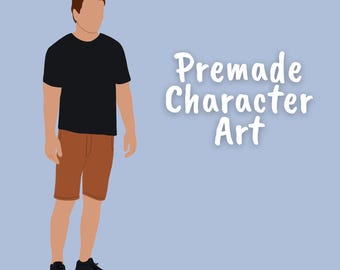 May include: A digital illustration of a person with brown hair in a bun wearing a black t-shirt and brown shorts. The text "Premade Character Art" is in white letters on a light blue background.
