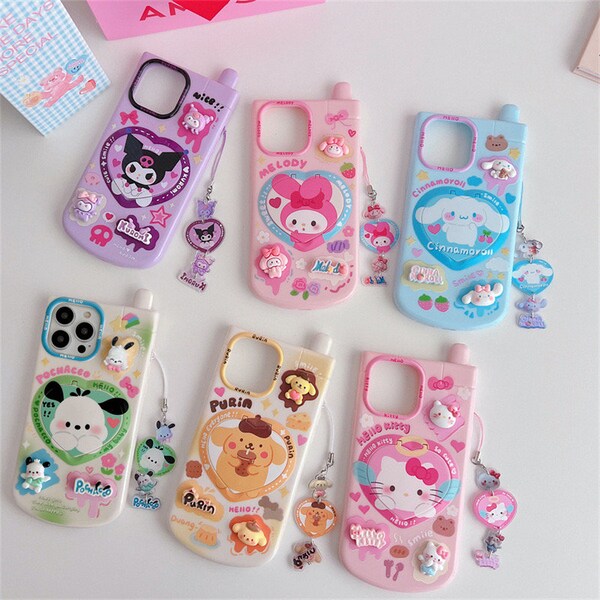 Kawaii Mirror Hello Kitty Kuromi Cinnamoroll MyMelody Pompom iPhone Case, Anime Kawaii Character iPhone Y2K 2000 Phone style