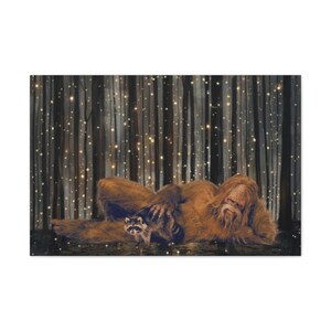 Bigfoot Sasquatch Resting in Forest Enchanted Woods with Sparkling Lights Mystical Creature Art Nature Fantasy Decor Peaceful Wildern Art