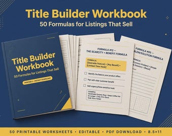 Op de afbeelding: Een Title Builder werkboek met 50 formules voor verkopende aanbiedingen, met een donkerblauwe kaft en gele tekst. Het werkboek bevat printbare werkbladen, bewerkbare PDF-downloads en pagina's met formulevoorbeelden zoals de schaarste- en voordeelformule.