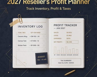 Op de afbeelding: Een open 2027 Reseller's Profit Planner notitieboek met een voorraadlogboek en winsttracker. De pagina's bevatten kolommen voor artikelnamen, SKU-nummers en aantallen, naast een maandelijks winstoverzicht, belastinggegevens en een staafdiagram.