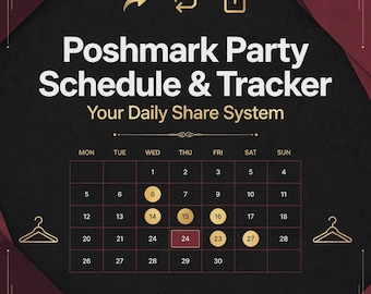 Op de afbeelding: Een digitale plannerpagina Poshmark Party Schedule & Tracker met een zwarte achtergrond, gouden tekst en een maandkalender. De kalender bevat gemarkeerde datums, kledinghangerpictogrammen en labels voor het bijhouden van dagelijkse shares.