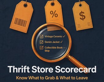 Op de afbeelding: Een vergrootglas boven een checklist met de tekst Vintage Ceramic, Denim Jacket en Collectible Book - Skip. Daarboven hangen drie oranje labels met een streepjescode, percentage en dollarteken. Tekst luidt Thrift Store Scorecard.
