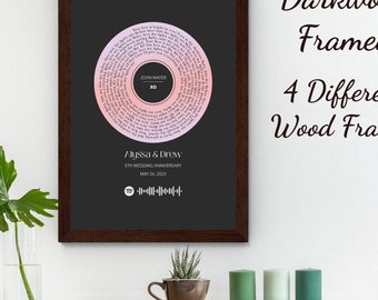Póster enmarcado con la letra de la canción del primer baile, regalo personalizado de aniversario de boda, arte de pared con discos de vinilo, marco de madera, decoración de pared musical, letra de canción