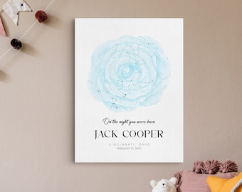 May include: A blue watercolor constellation print with the text "On the night you were born JACK COOPER CINCINNATI, OHIO FEBRUARY 12, 2020"