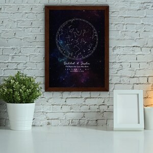 May include: A framed print with a dark blue background and white stars forming constellations. The print features a circle with the constellations of the night sky on the night of September 8, 2018, in Fredonia, NY. The text "Dalila & Justin The Night Our Love Was Born FREDONIA, NY SEPTEMBER 8, 2018" is printed below the circle.