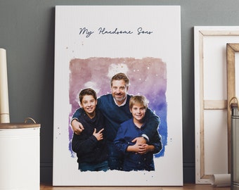 Retratos familiares en acuarela - Regalos memorables para inauguración de la casa y aniversario - Foto familiar estilo acuarela sobre lienzo - Regalo para el Día de la Madre