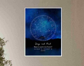 Cuadro personalizado con mapa estelar enmarcado, ideal para celebrar un hito en la relación, regalo para parejas a distancia, regalo para novio, novia, esposo o esposa.