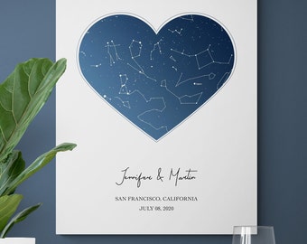 Lienzo de boda con mapa estelar, cuando todo empezó, mapa astronómico personalizado, mapa estelar personalizado para aniversario, cumpleaños, esposo, novio, esposa