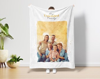 Manta de acuarela personalizada, retrato familiar, manta personalizada, regalo para la familia, manta de forro polar con foto, regalo para el Día de la Madre