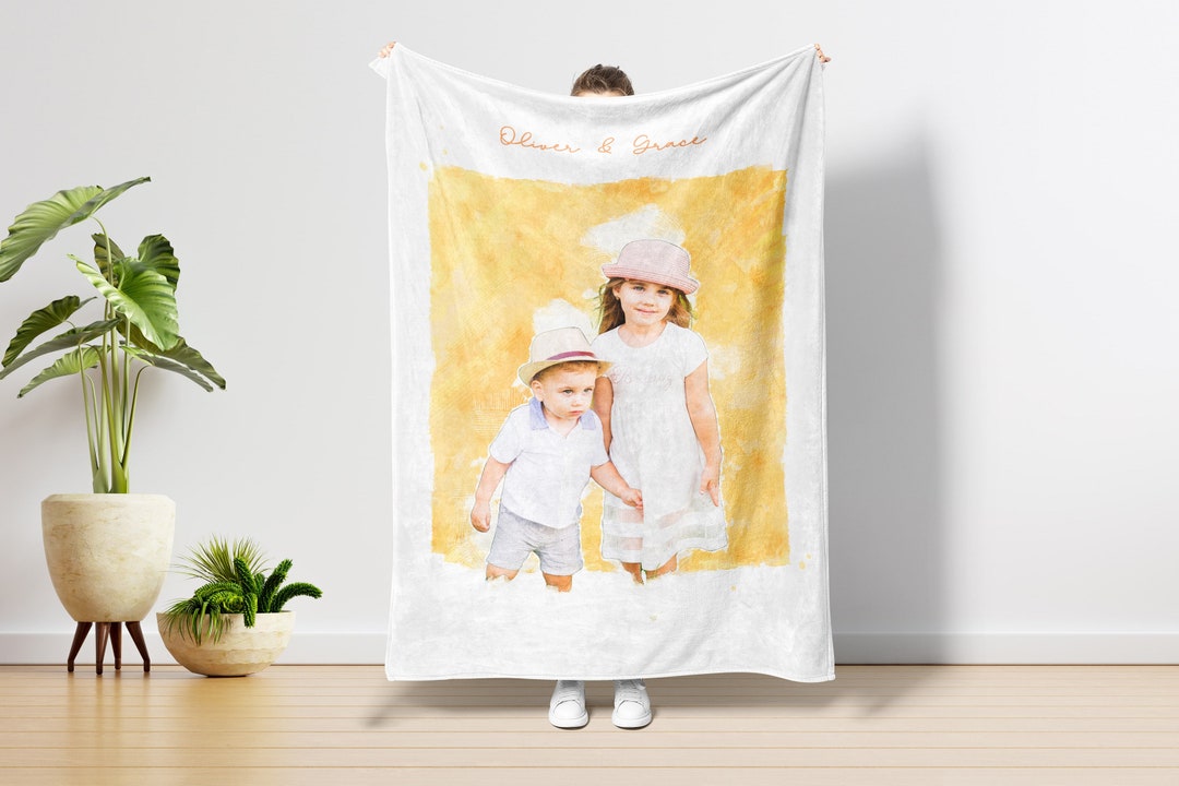 Portrait From Kids Photo, Custom Photo Blanket, Personalized Watercolor