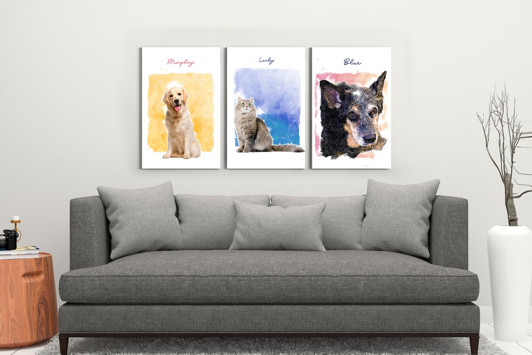 Custom Watercolor Pet Portrait Canvas Art, Dog Cat Memorial Gift - Etsy