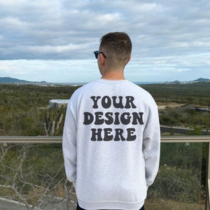 Gildan 18000 Ash Grey Crewneck Mockup, Trendy Male Model Mockup, Words on Back, Mens Sweatshirt Mockup, Outdoor Mockup Lifestyle Mens Mockup