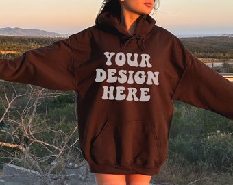 Gildan 18500 Dark Chocolate Hoodie Mockup, Outdoors Mockup, Oversized Brown Hoodie Mockup, Trendy Model Mockup, Nature Mockup Lifestyle Mock