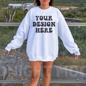Gildan 18000 White Crewneck Mockup, Oversized Sweatshirt Mockup, Trendy Model Mockup, Outdoor Mockup, Aesthetic Nature Mock Lifestyle Mockup