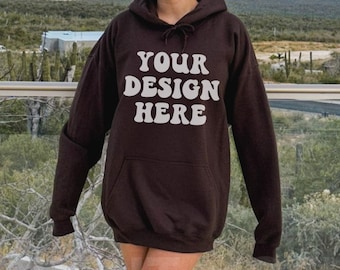 Gildan 18500 Dark Chocolate Hoodie Mockup, Outdoors Mockup, Oversized Brown Hoodie Mockup, Trendy Model Mockup, Nature Mockup Lifestyle Mock