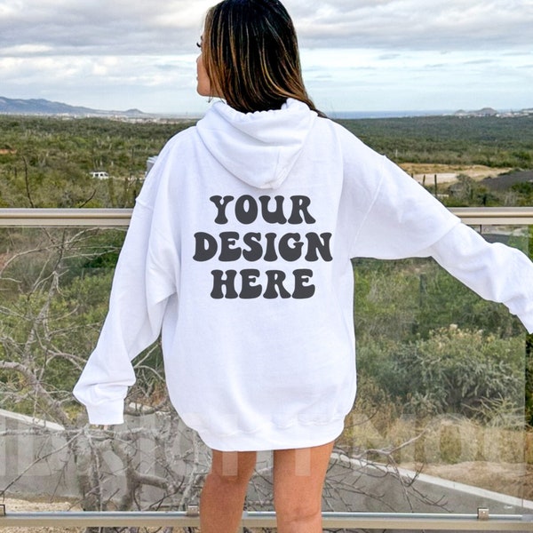 Gildan 18500 White Hoodie Mockup, Back of Hoodie Mockup, Oversized Hoodie Mockup, Trendy Model Mockup Nature Mockup Aesthetic Lifestyle Mock