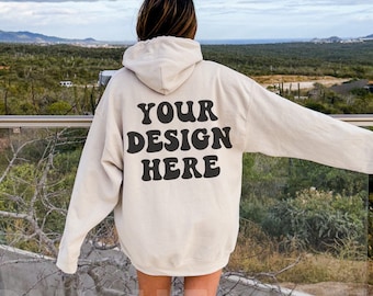 Gildan 18500 Sand Hoodie Mockup, Back of Hoodie Mockup, Oversized Sand Sweatshirt Mock, Trendy Model Mockup, Nature Mockup, Words On Back