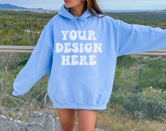 Gildan 18500 Light Blue Hoodie Mockup, Oversized Hoodie Mockup, Trendy Model Mockup, Aesthetic Sweatshirt Mock, Nature Mockup Lifestyle Mock