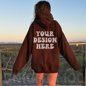 Gildan 18500 Dark Chocolate Mockup, Back of Hoodie Mockup, Oversized Brown Hoodie Mockup, Trendy Model Mockup, Nature Mockup, Outdoors Mock