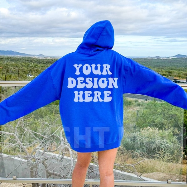 Gildan 18500 Royal Blue Hoodie Mockup, Back of Hoodie Mockup, Oversized Hoodie Mockup, Trendy Model Mockup, Nature Mockup, Sweatshirt Mock