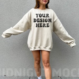 Gildan 18000 Sand Crewneck Mockup, Oversized Sweatshirt Mockup, Trendy Model Mockup, Outdoor Mockup, Nature Mock, Aesthetic Lifestyle Mockup