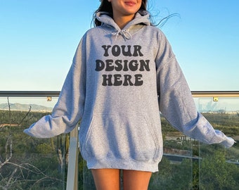 Gildan 18500 Sport Grey Hoodie Mockup, Oversized Sport Grey Sweatshirt Mock, Trendy Model Mockup, Nature Mockup, Aesthetic Lifestyle Mock