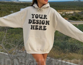 Gildan 18500 Sand Hoodie Mockup, Oversized Sand Sweatshirt Mockup, Trendy Model Mockup, Nature Mock Up, Sand Hoody Mockup, Outdoor Mockup