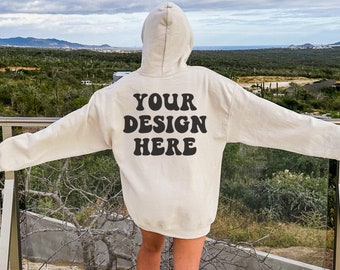 Gildan 18500 Sand Hoodie Mockup, Back of Hoodie Mockup, Oversized Sand Sweatshirt Mock, Trendy Model Mockup, Nature Mockup Sand Hoody Mockup