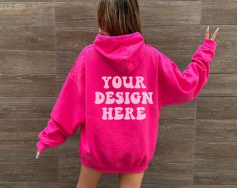Gildan 18500 Heliconia Hoodie Mockup, Back of Hoodie Mockup, Oversized Hoodie Mockup, Trendy Model Mockup, Hot Pink Mockup, Lifestyle Mockup