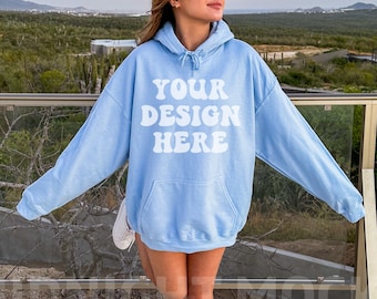 Gildan 18500 Light Blue Hoodie Mockup, Oversized Hoodie Mockup, Trendy Model Mockup, Outdoor Mockup, Aesthetic Nature Mockup, Lifestyle Mock