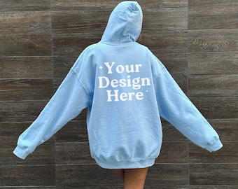 Gildan 18500 Light Blue Hoodie Mockup, Back of Hoodie Mockup, Oversized Hoodie Mockup, Trendy Model Mockup, Outdoor Mockup, Lifestyle Mockup