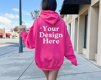Gildan 18500 Heliconia Hoodie Mockup, Back of Hoodie Mockup, Oversized Hoodie Mockup, Trendy Model Mockup, Hot Pink Mockup, Lifestyle Mockup
