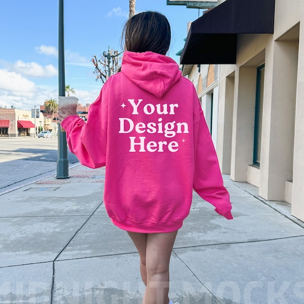 Gildan 18500 Heliconia Hoodie Mockup, Back of Hoodie Mockup, Oversized Hoodie Mockup, Trendy Model Mockup, Hot Pink Mockup, Lifestyle Mockup