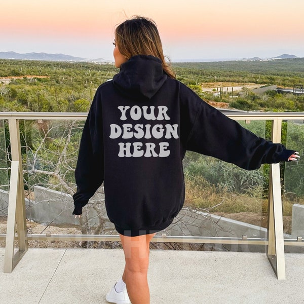 Gildan 18500 Black Hoodie Mockup, Back of Hoodie Mockup, Oversized Hoodie Mockup, Trendy Model Mockup Outdoor Nature Mockup Lifestyle Mockup