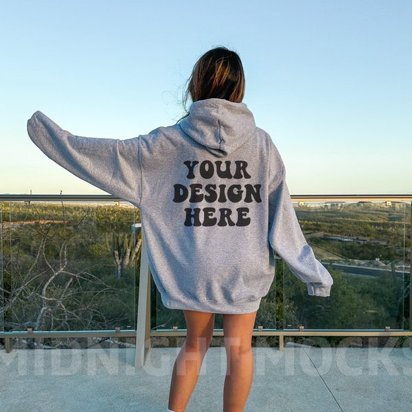 Gildan 18500 Sport Grey Hoodie Mockup, Back of Hoodie Mockup, Oversized Sport Grey Sweatshirt Mock, Trendy Model Mockup, Nature Beach Mockup