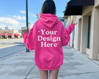 Gildan 18500 Heliconia Hoodie Mockup, Back of Hoodie Mockup, Oversized Hoodie Mockup, Trendy Model Mockup, Hot Pink Mockup, Lifestyle Mockup