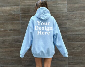 Gildan 18500 Light Blue Hoodie Mockup, Back of Hoodie Mockup, Oversized Hoodie Mockup, Trendy Model Mockup, Outdoor Mockup, Lifestyle Mockup