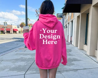 Gildan 18500 Heliconia Hoodie Mockup, Back of Hoodie Mockup, Oversized Hoodie Mockup, Trendy Model Mockup, Hot Pink Mockup, Lifestyle Mockup