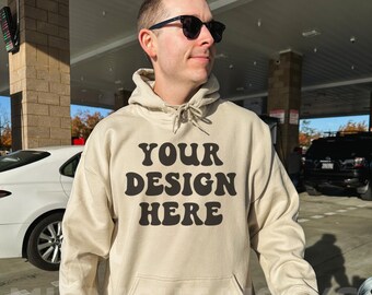 Gildan 18500 Sand Hoodie Mockup, Trendy Male Model Mockup, Mens Hoodie Mockup, Outdoor Mockup, Aesthetic Mens Mockup, Lifestyle Mockup