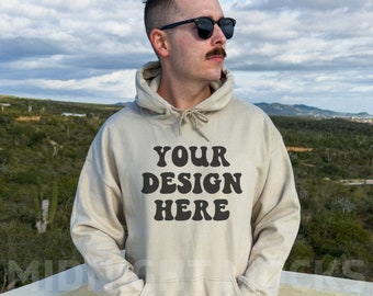 Gildan 18500 Sand Hoodie Mockup, Trendy Male Model Mockup, Mens Hoodie Mockup, Outdoor Mockup, Aesthetic Mens Mockup, Lifestyle Mockup