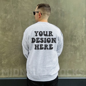 Gildan 18000 Ash Grey Crewneck Mockup, Trendy Male Model Mockup, Words on Back, Mens Sweatshirt Mockup, Outdoor Mockup Lifestyle Mens Mockup