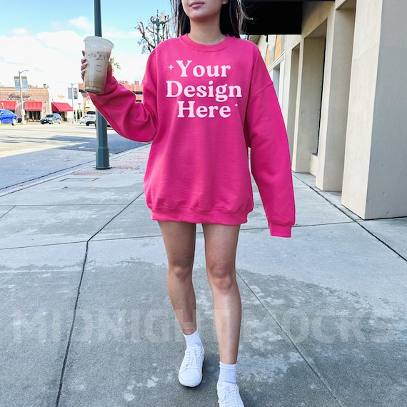 Gildan 18000 Heliconia Crewneck Mockup, Oversized Sweatshirt Mockup Trendy Model Mockup Outdoor Mockup Hot Pink Mock Lifestyle Coffee Mockup