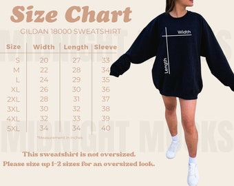 Gildan 18000 Size Chart, Gildan Sweatshirt Size Chart, Unisex Sizing Chart, Oversized Crewneck Size Chart, Sweater Measurements Model Mockup